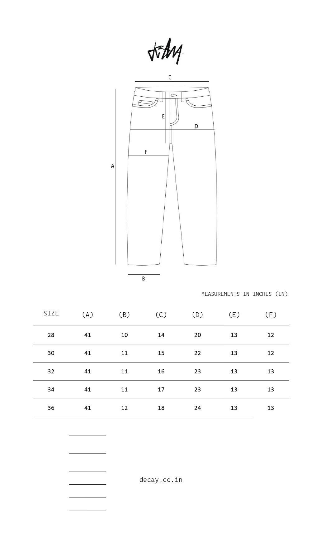 WASHED BLACK WIDE LEG DENIM size chart