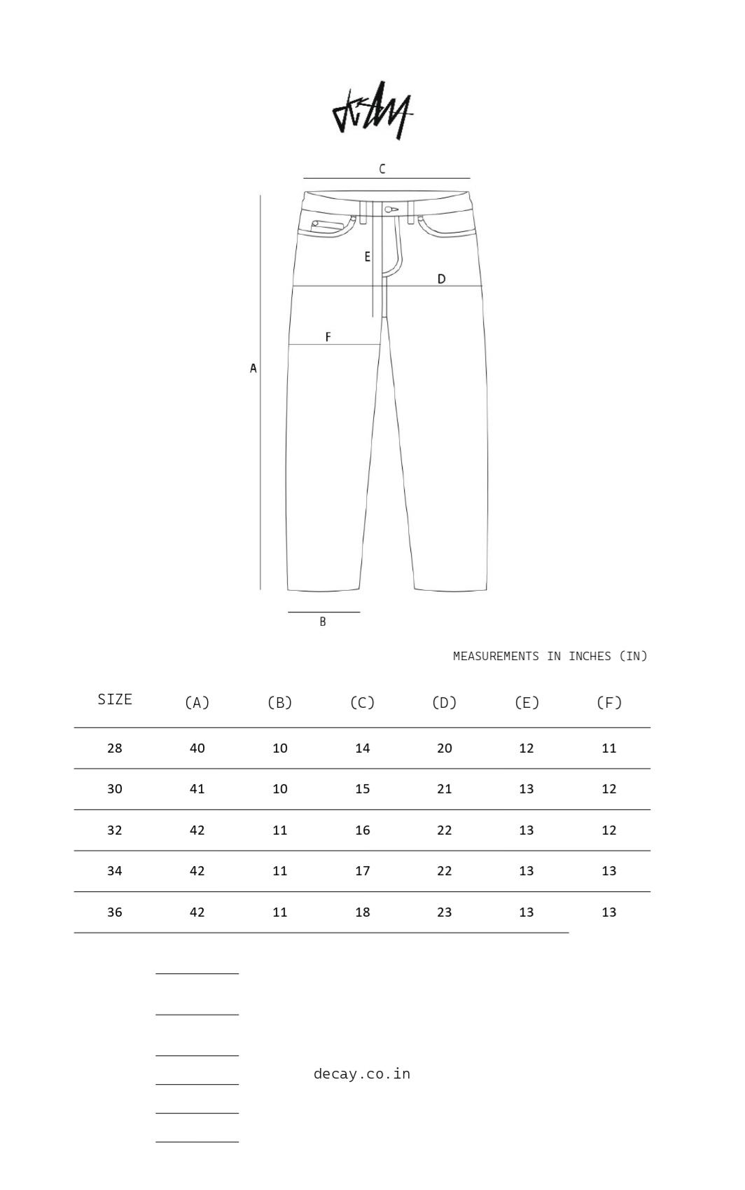 RAW WASH BLACK PANELLED DENIM size chart