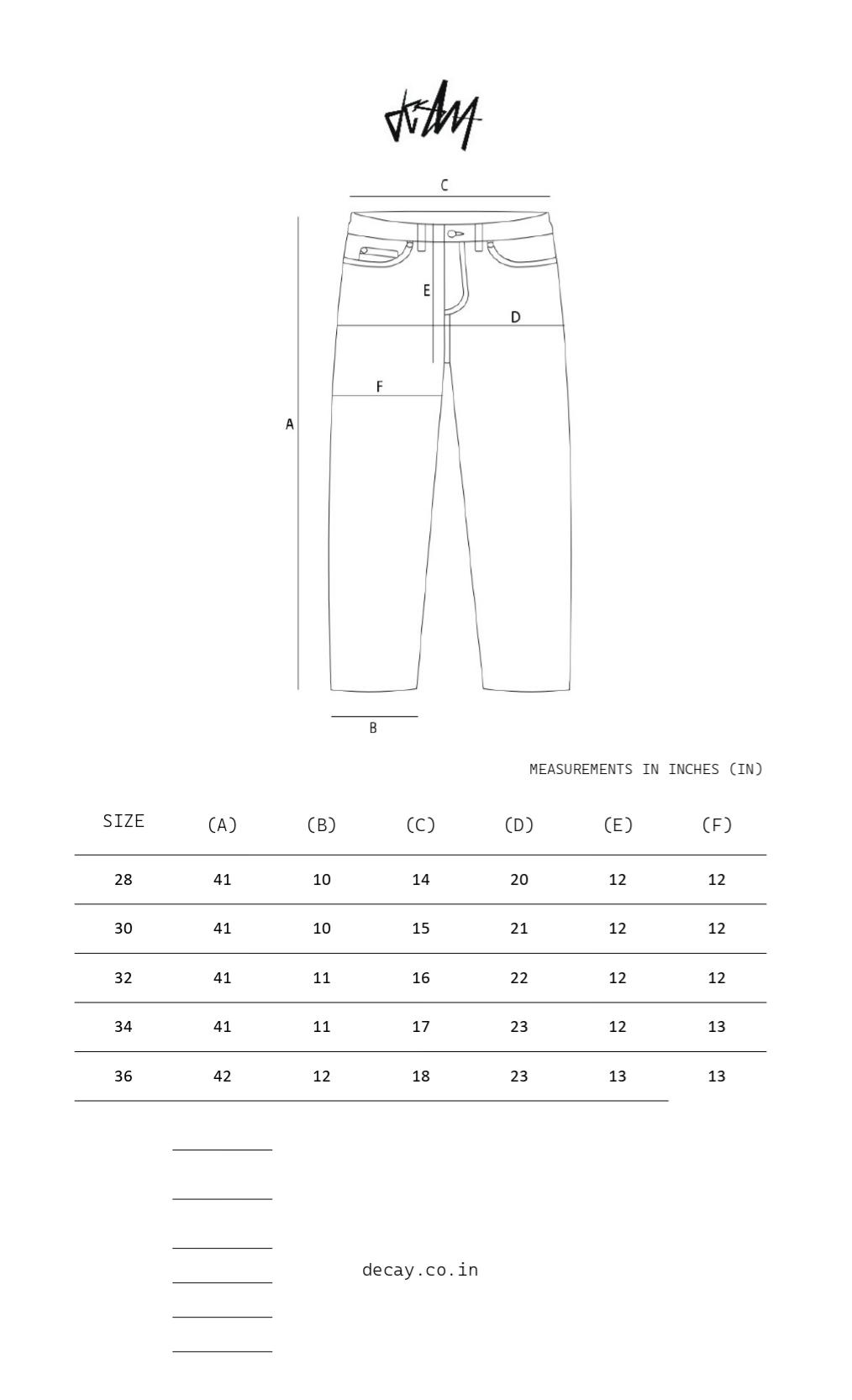 BLACK ACID WASH DENIM size chart