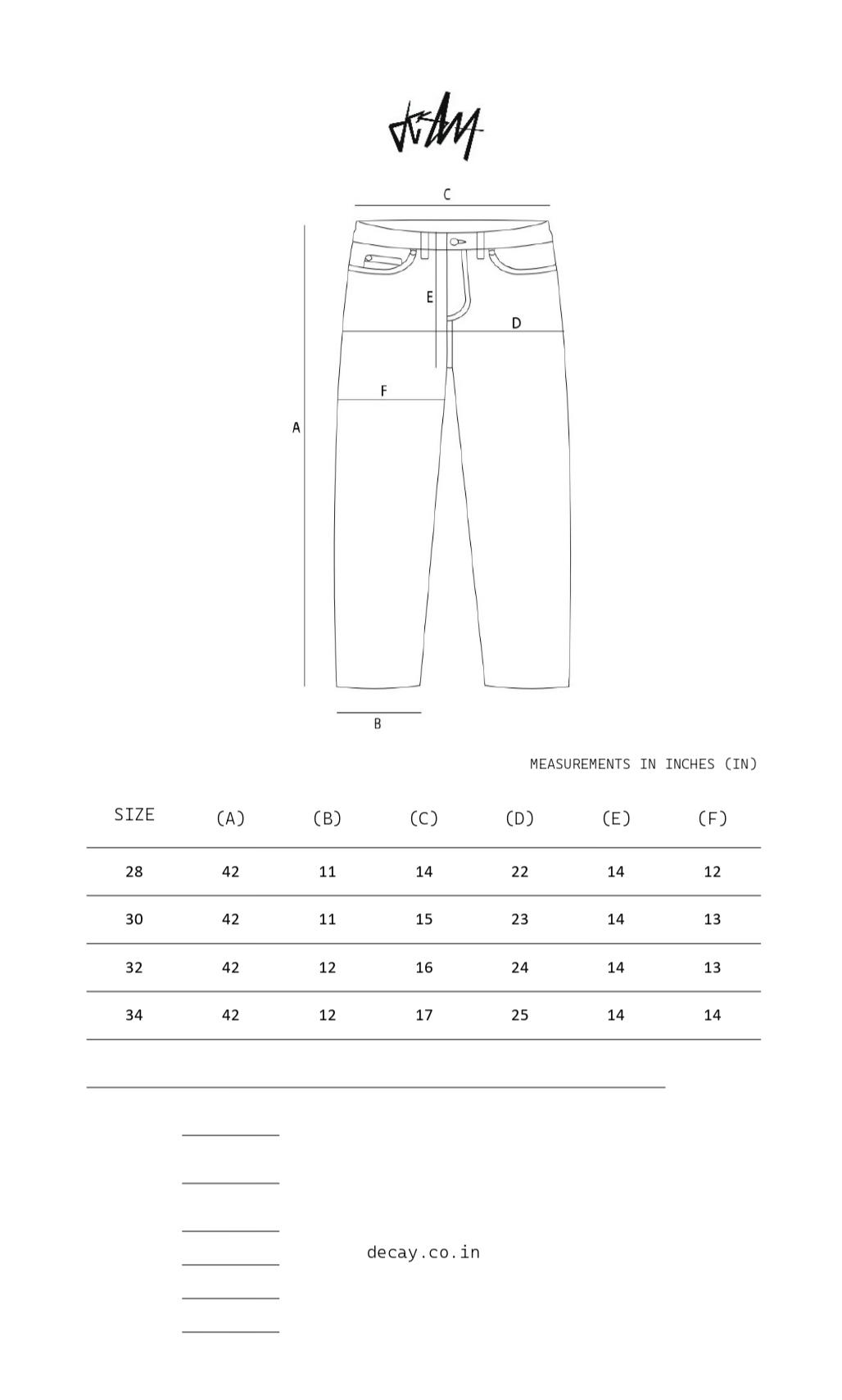 MILD WASH BLACK DENIM size chart