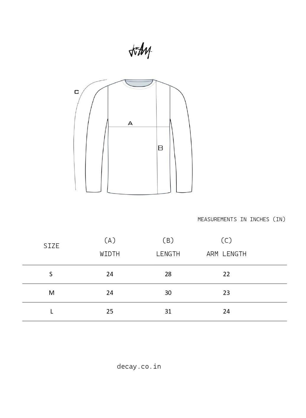 BACKSIDE ZIP TEE BLACK CLR size chart