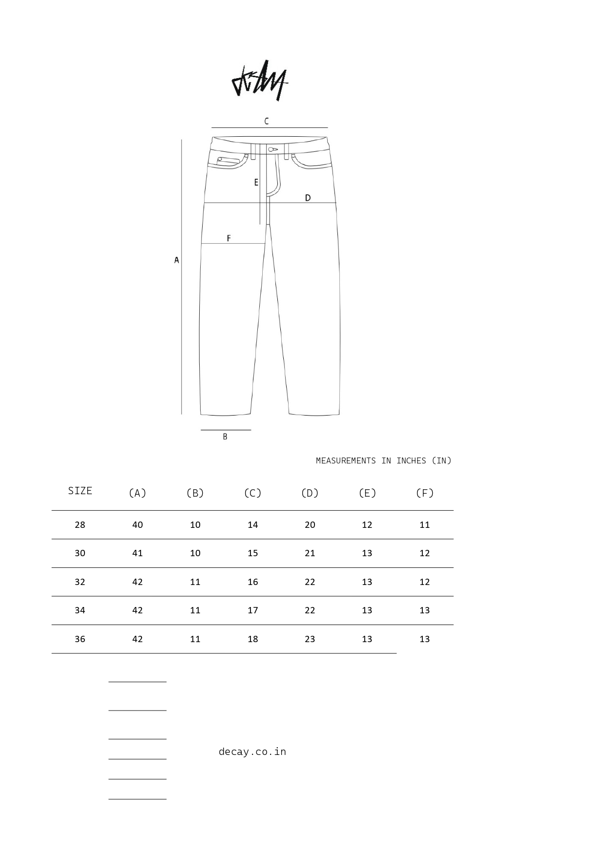 CROSS PANELLED DENIM size chart